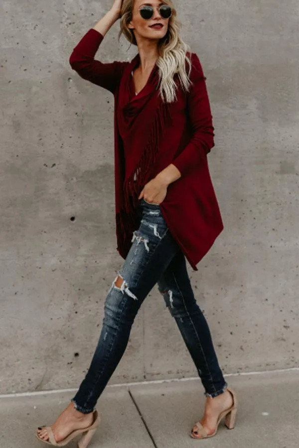 Fashion Solid Asymmetric Hem Tassel Cardigans