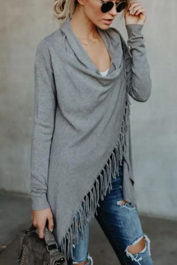 Fashion Solid Asymmetric Hem Tassel Cardigans