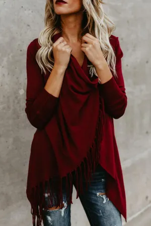 Fashion Solid Asymmetric Hem Tassel Cardigans