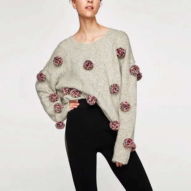 Fashion Solid O-Neck Ball Decoration Sweaters