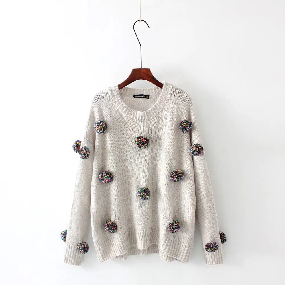 Fashion Solid O-Neck Ball Decoration Sweaters