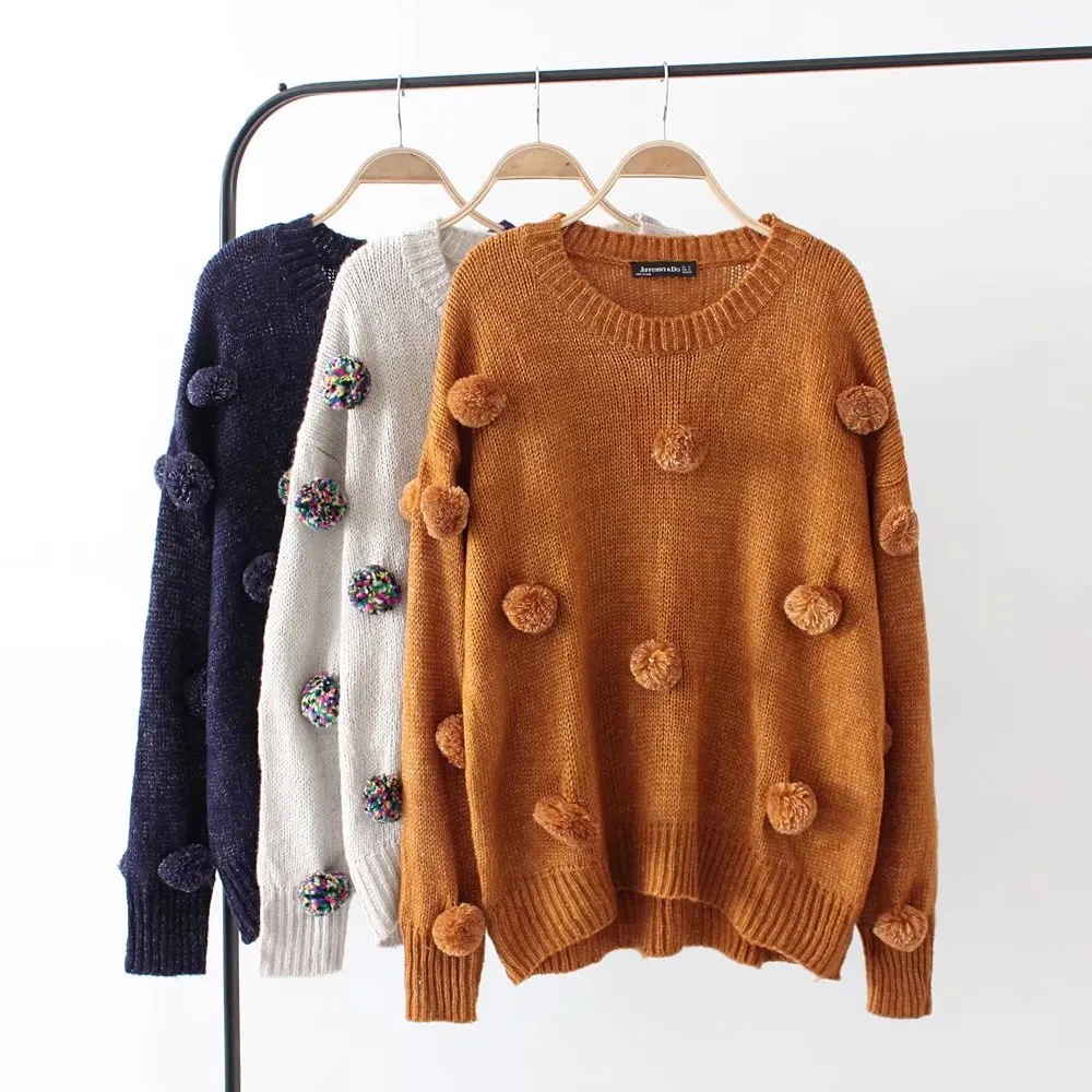 Fashion Solid O-Neck Ball Decoration Sweaters