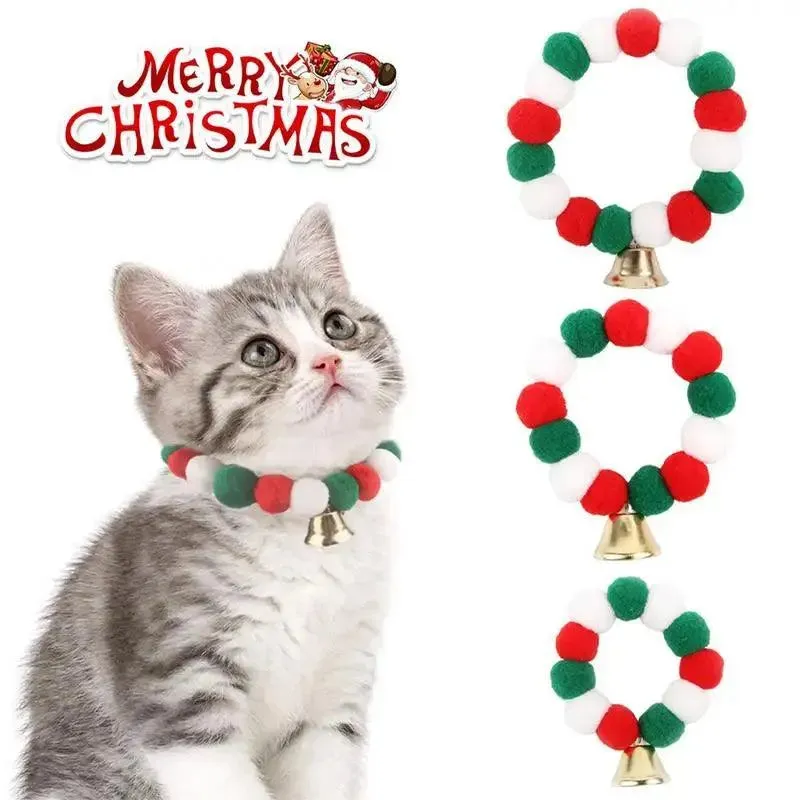 Festive Elastic Pet Christmas Collar with Plush Ball