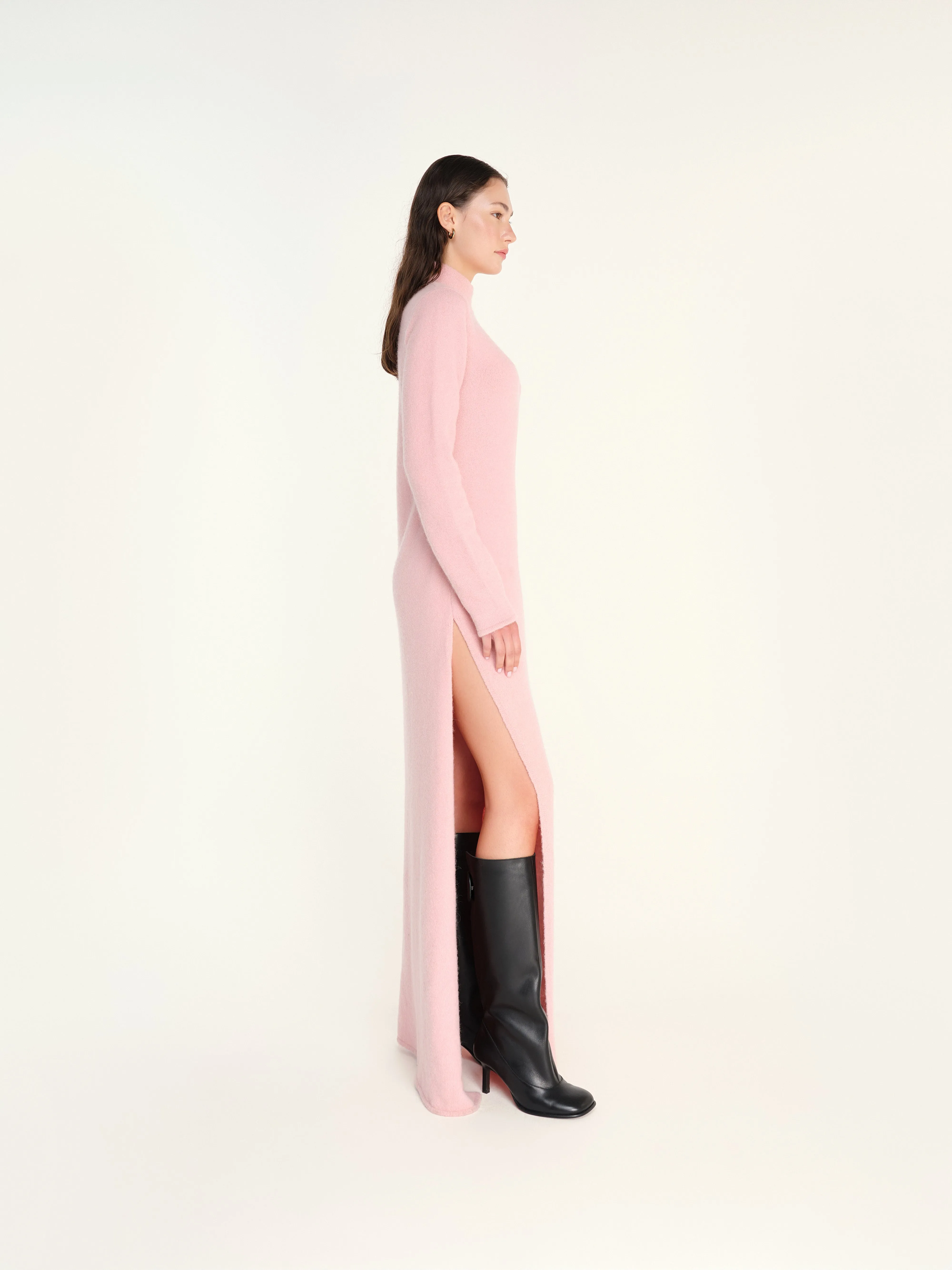 FIENA - Turtleneck long sleeve knit dress with deep slit