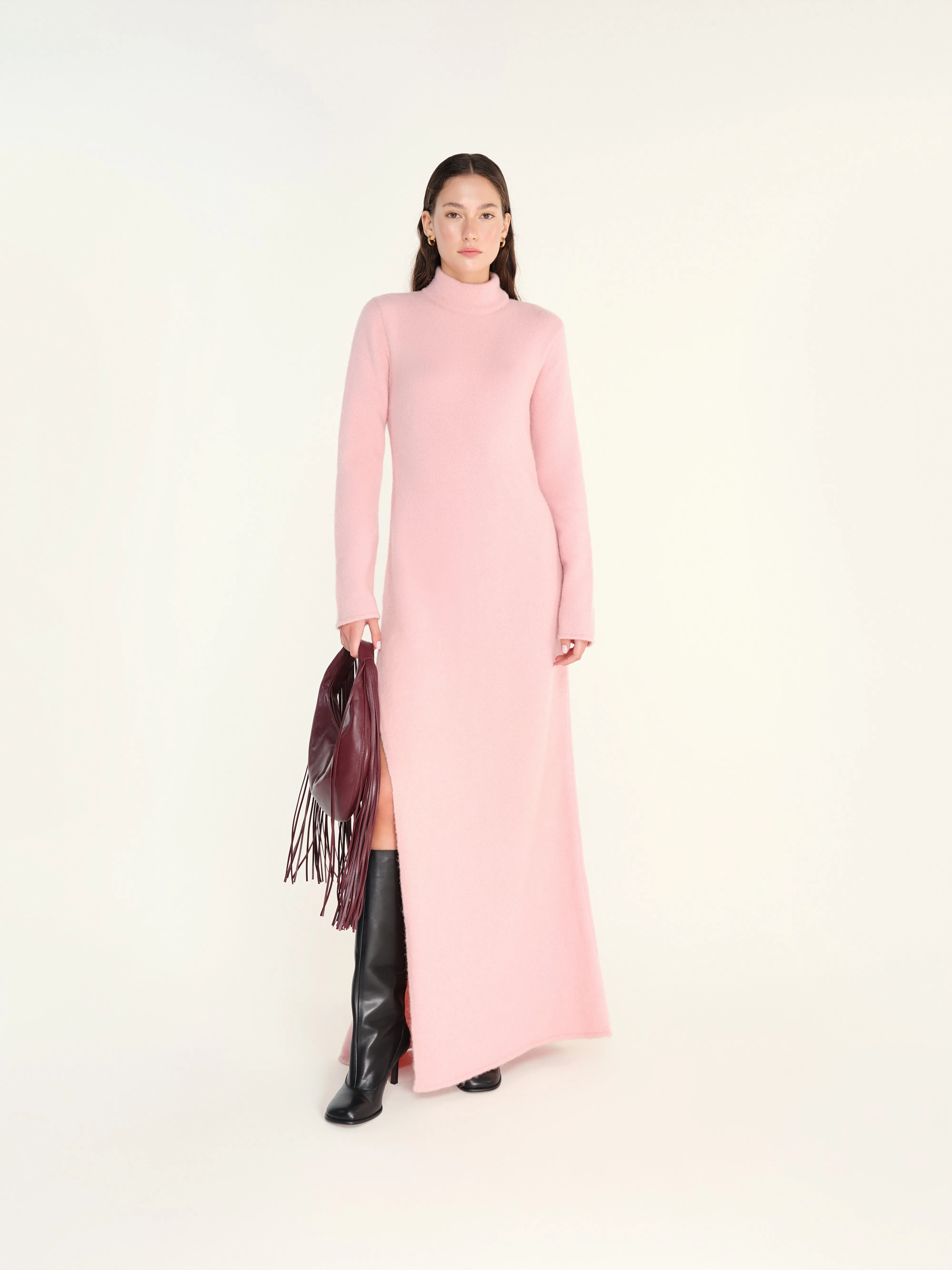 FIENA - Turtleneck long sleeve knit dress with deep slit