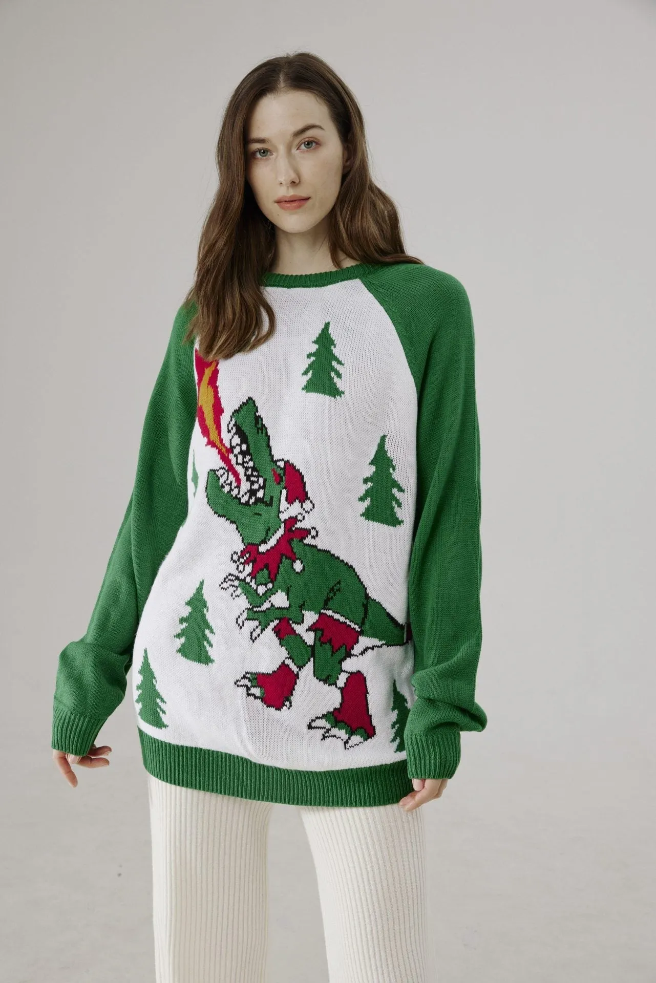 Fire Dinosaur Pattern Ugly Christmas Knitted Sweater