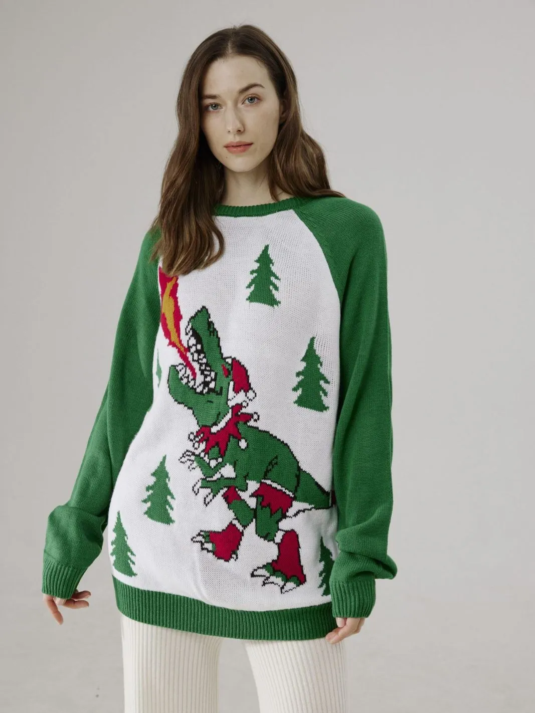 Fire Dinosaur Pattern Ugly Christmas Knitted Sweater