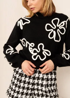 Floral Outline Mock Neck Sweater in Black