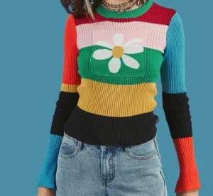 Flowers Sweater | Knitted Rainbow Sweater | Women Sweater | Crew-Neck Long Sleeve Sweater | Women Trendy Sweater | Women Botanical Sweater