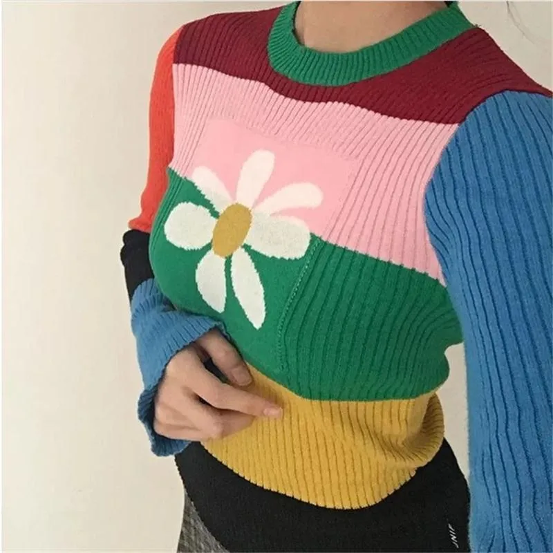 Flowers Sweater | Knitted Rainbow Sweater | Women Sweater | Crew-Neck Long Sleeve Sweater | Women Trendy Sweater | Women Botanical Sweater