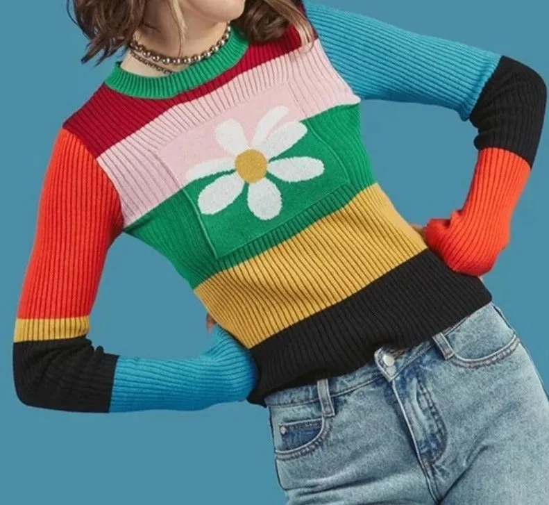 Flowers Sweater | Knitted Rainbow Sweater | Women Sweater | Crew-Neck Long Sleeve Sweater | Women Trendy Sweater | Women Botanical Sweater