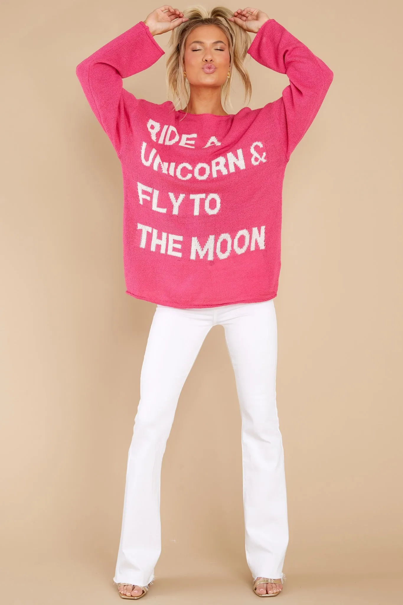 Fly To The Moon Hot Pink Sweater