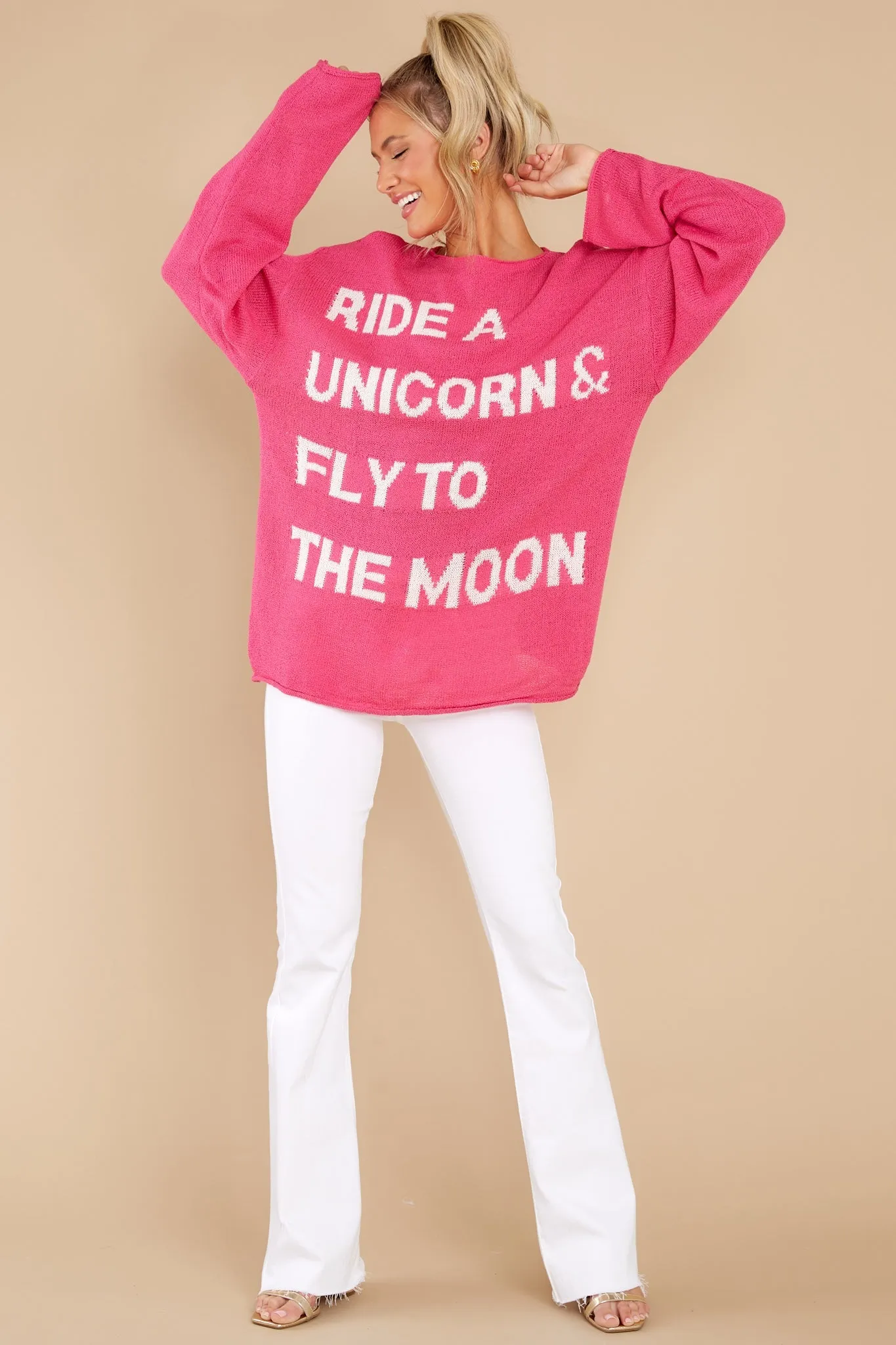 Fly To The Moon Hot Pink Sweater