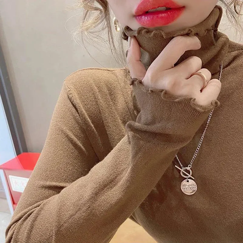 Fold Turtleneck High Elastic Solid Color Sweater