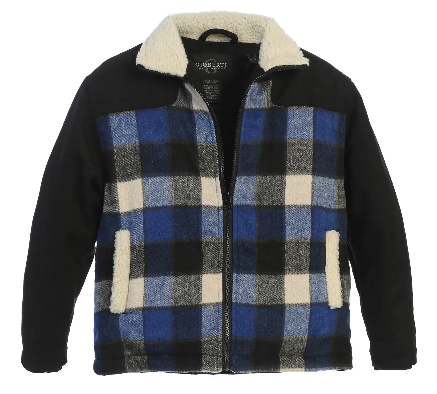 Full Zip Wool-Like Plaid Jacket with Warm Cozy Inner Padding and Sherpa Collar- Royal Blue