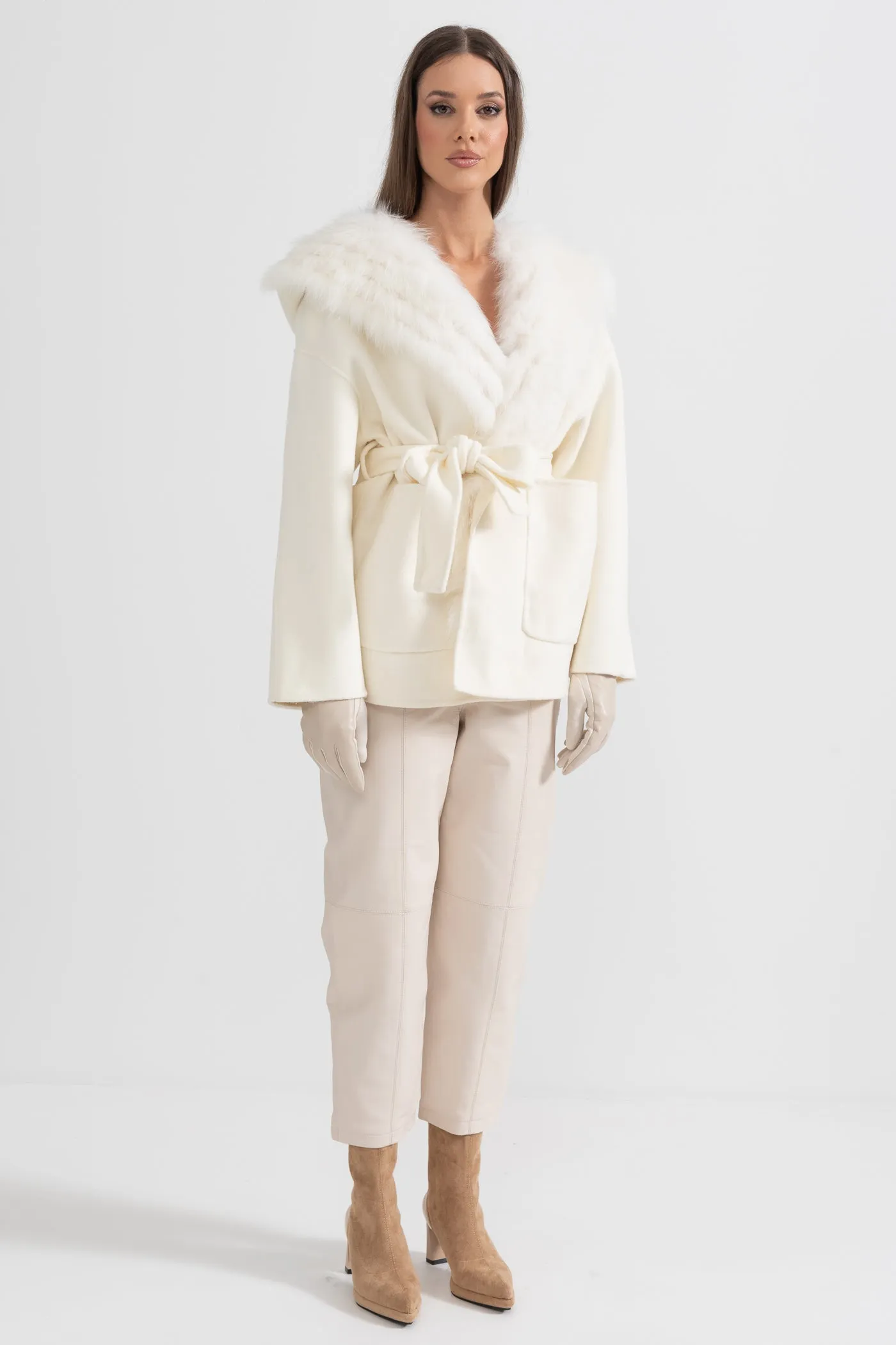 Fur-Collar Jacket With Oversized Hood And Waistband - Ivoire