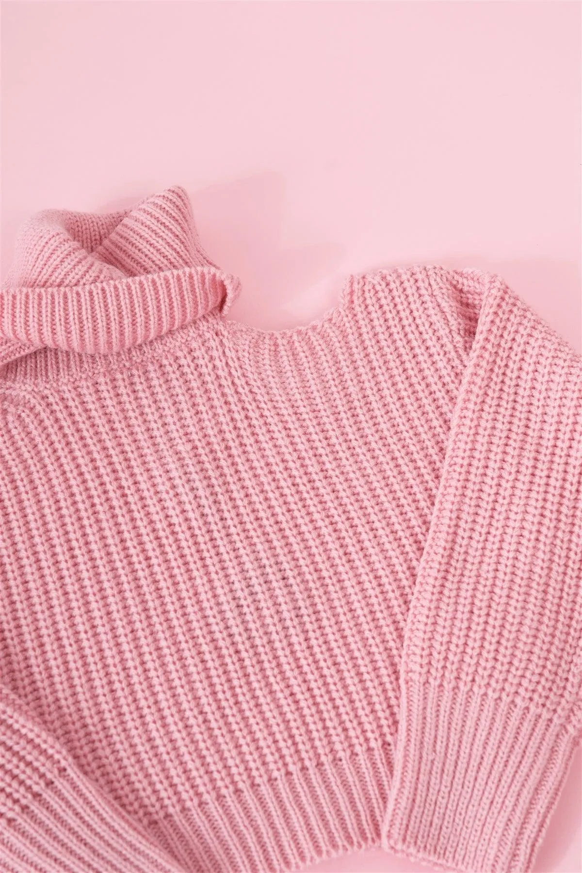 Girls Blush Pink Ribbed Knit Cut-Out Shoulder Detail Long Balloon-Y Sleeve Turtleneck Sweater /1-1-1-1-1