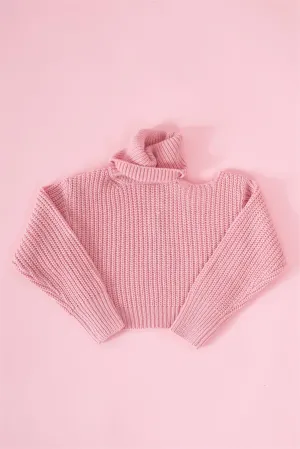 Girls Blush Pink Ribbed Knit Cut-Out Shoulder Detail Long Balloon-Y Sleeve Turtleneck Sweater /1-1-1-1-1