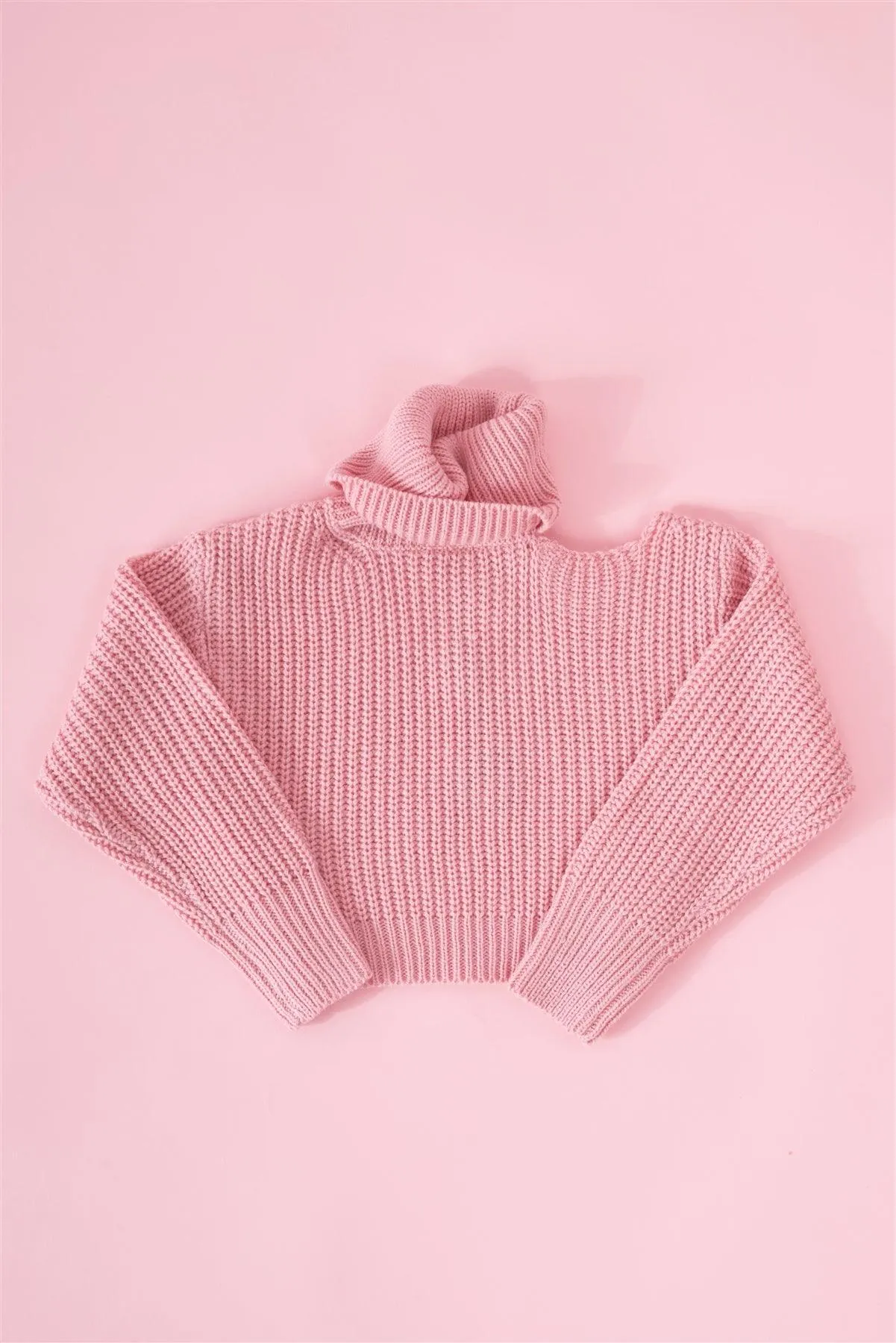 Girls Blush Pink Ribbed Knit Cut-Out Shoulder Detail Long Balloon-Y Sleeve Turtleneck Sweater /1-1-1-1-1