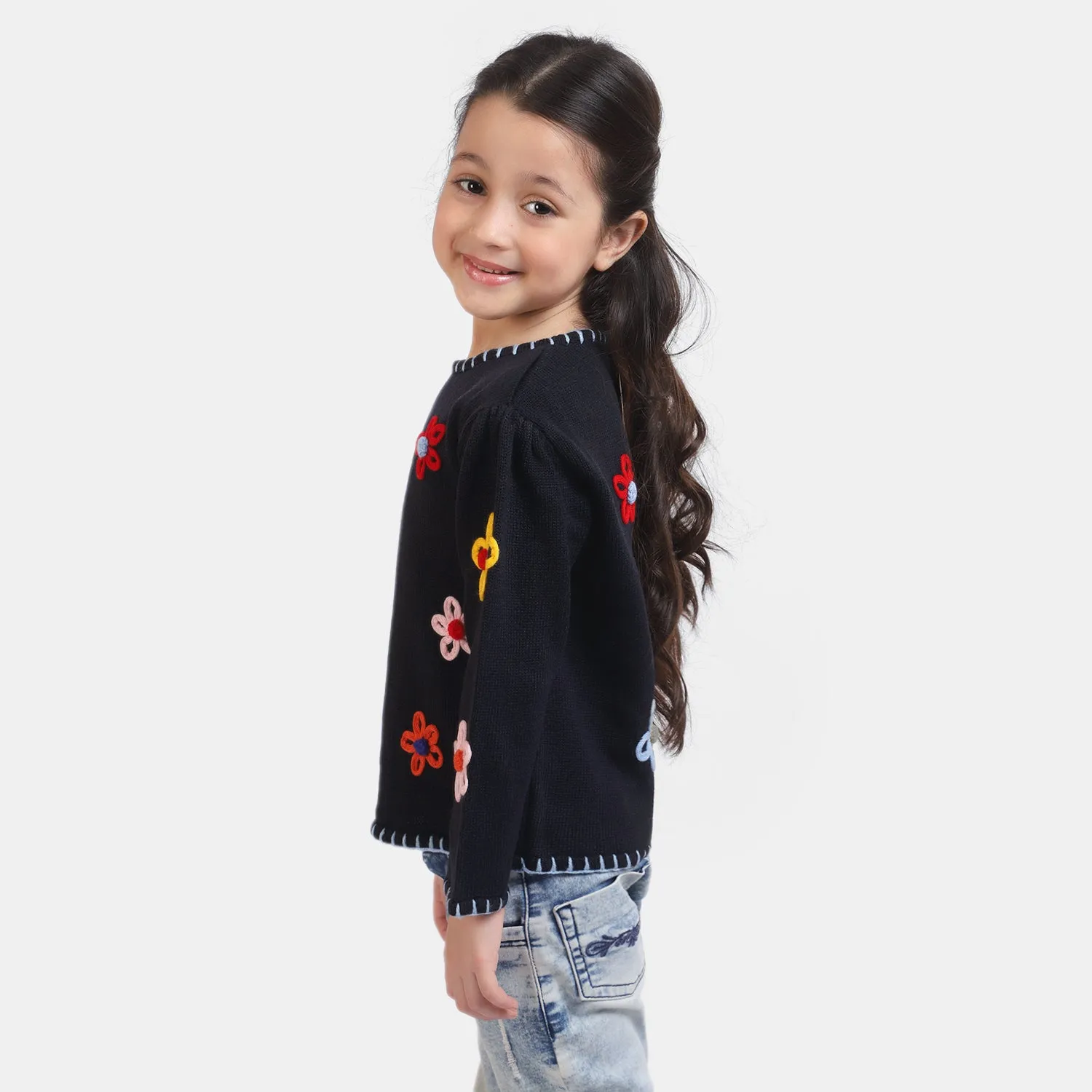 Girls Knitted Flower Sweater -NAVY