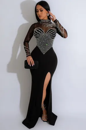 Glamorous Rhinestone Mesh Long Sleeve Split Evening Maxi Dress - Black