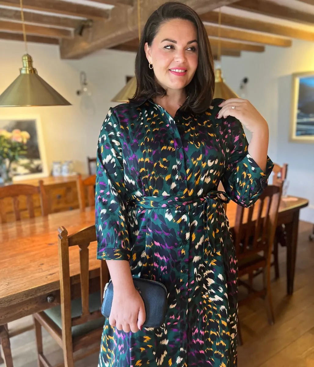 Green Ava Peacock Print Satin Shirt Dress