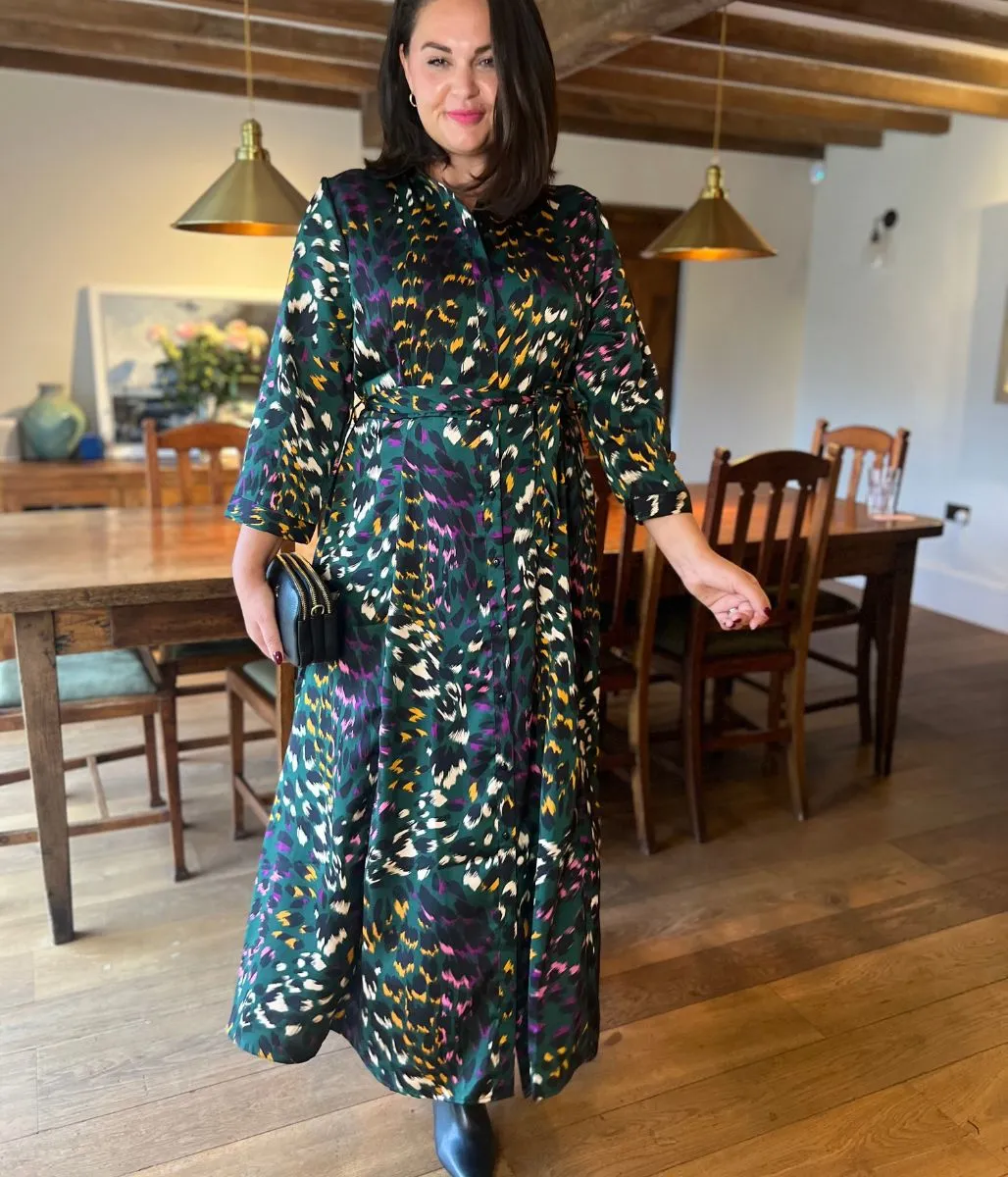 Green Ava Peacock Print Satin Shirt Dress