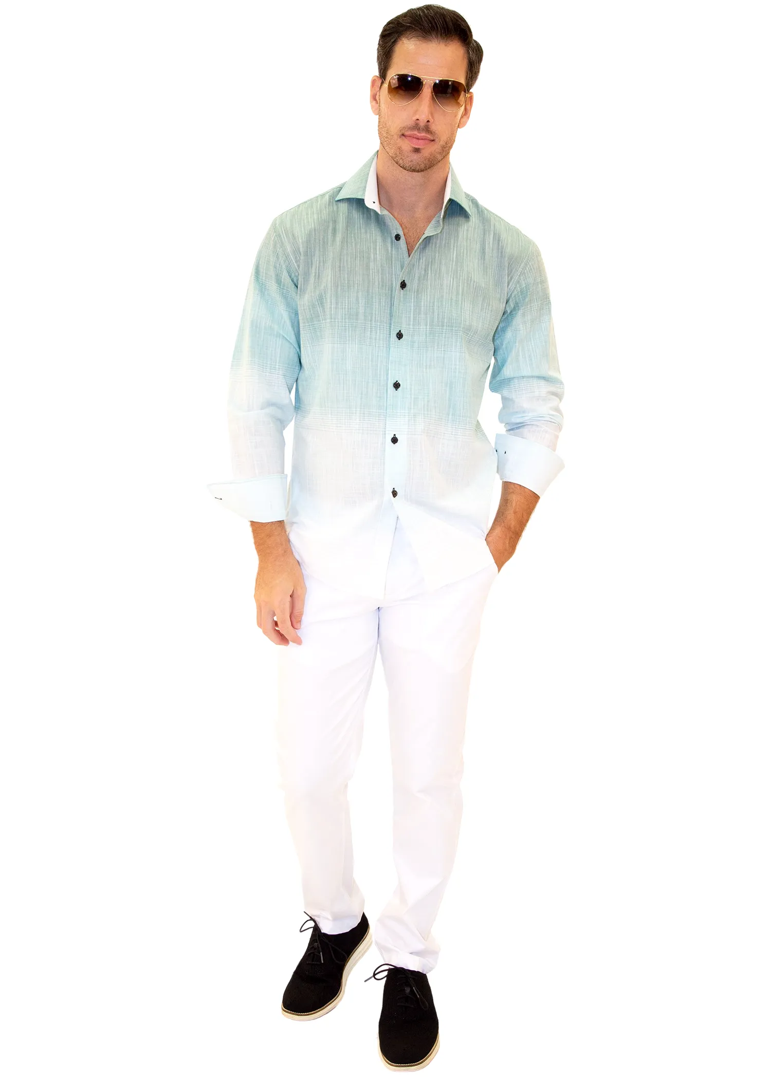 Green Gradient Linen Button Up Long Sleeve