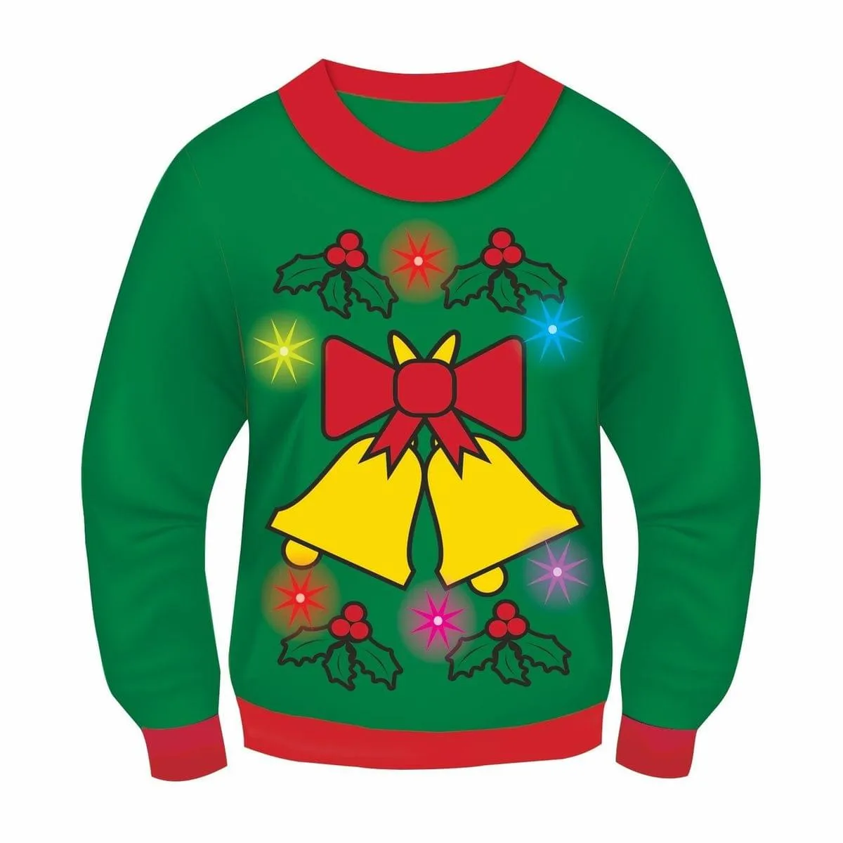 Green Musical Light-Up Jingle Bells Adult Ugly Christmas Sweater