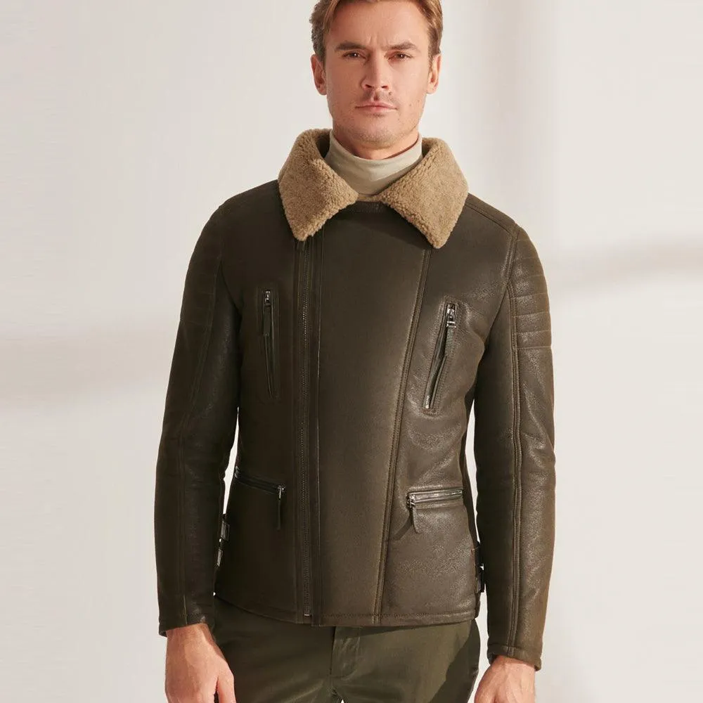 Green RAF Airforce Shearling Sheepskin Aviator Leather Jacket for Men