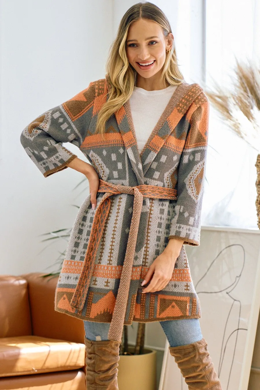 Grey and Orange Aztec Pattern Hooded Cardigan with Waist Belt