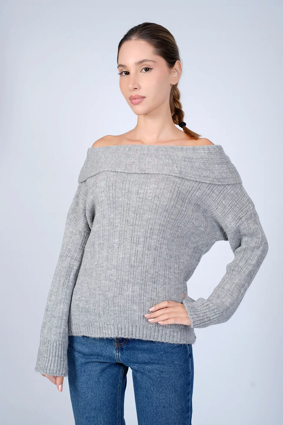 Grey Off Shoulder Sweater