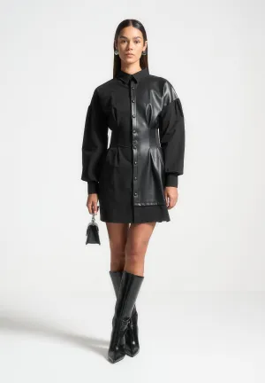 Half Leather Shirt Dress - Black