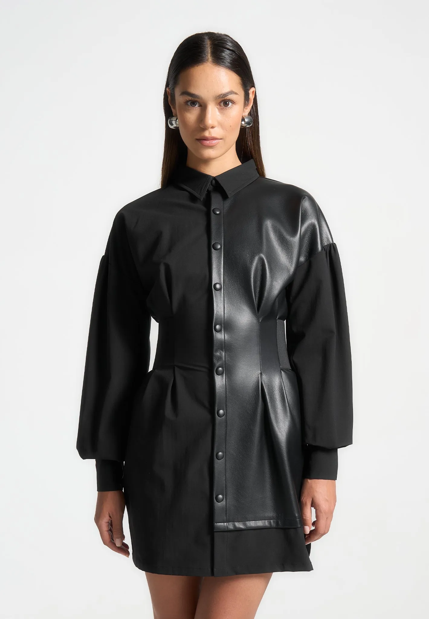 Half Leather Shirt Dress - Black