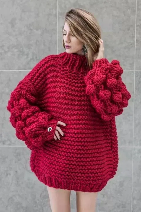 Hand Knitting Thick Heavy Gauge Ball Puff Sleeve Pullover Sweater