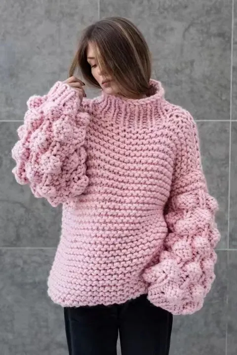 Hand Knitting Thick Heavy Gauge Ball Puff Sleeve Pullover Sweater