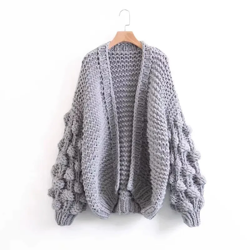 Handmade Knit Ball Sleeve Heavy Gauge Lantern Sleeve Oversized Thick Cardigan