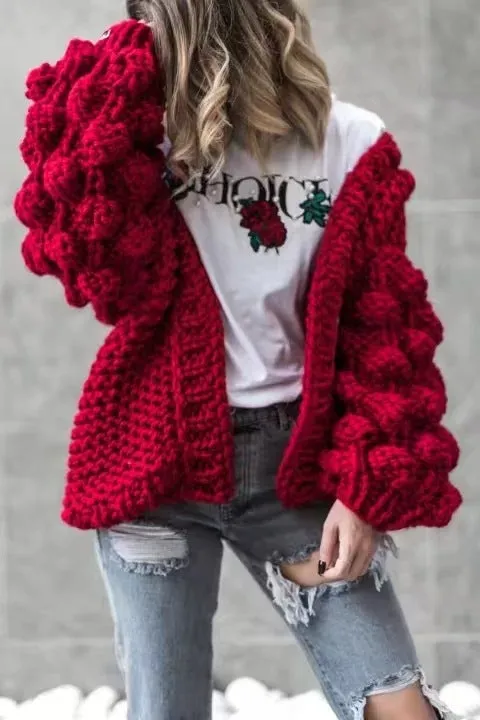 Handmade Knit Ball Sleeve Heavy Gauge Lantern Sleeve Oversized Thick Cardigan