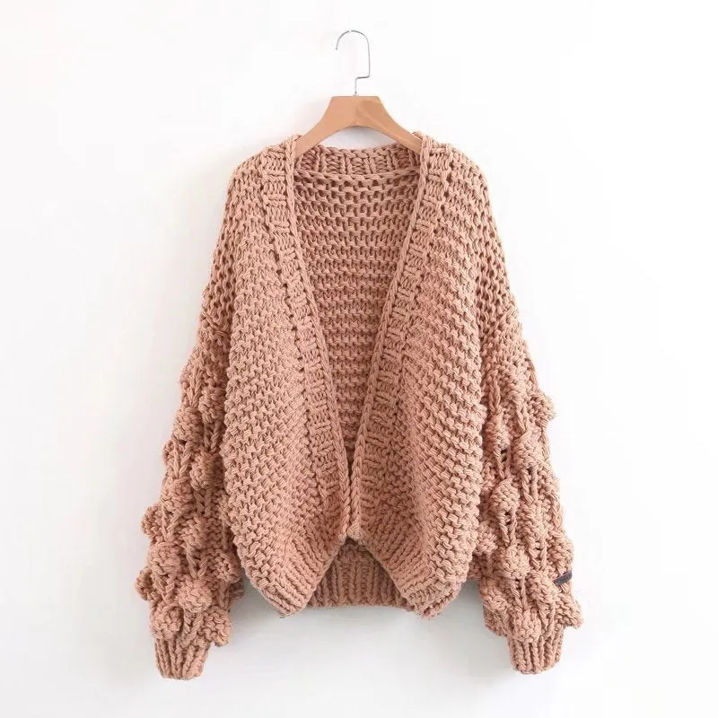 Handmade Knit Ball Sleeve Heavy Gauge Lantern Sleeve Oversized Thick Cardigan