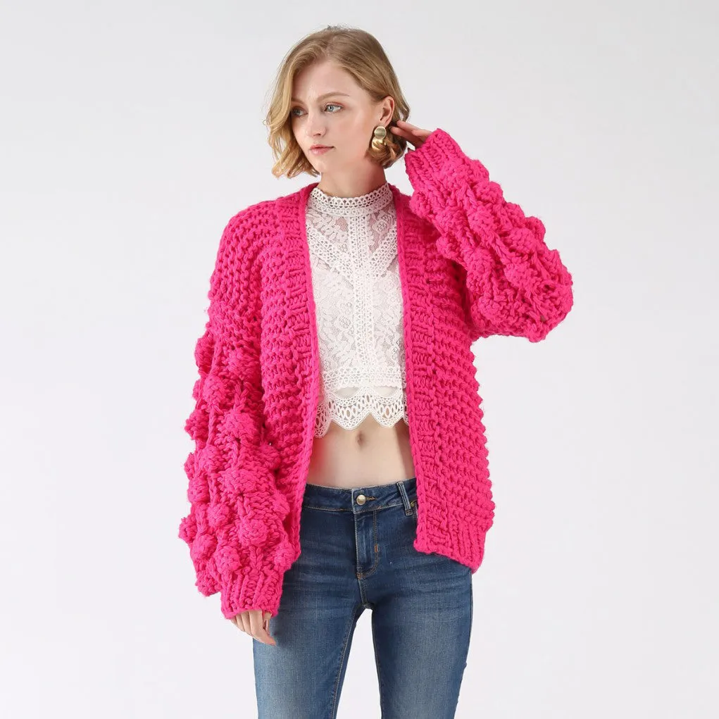 Handmade Knit Ball Sleeve Heavy Gauge Lantern Sleeve Oversized Thick Cardigan