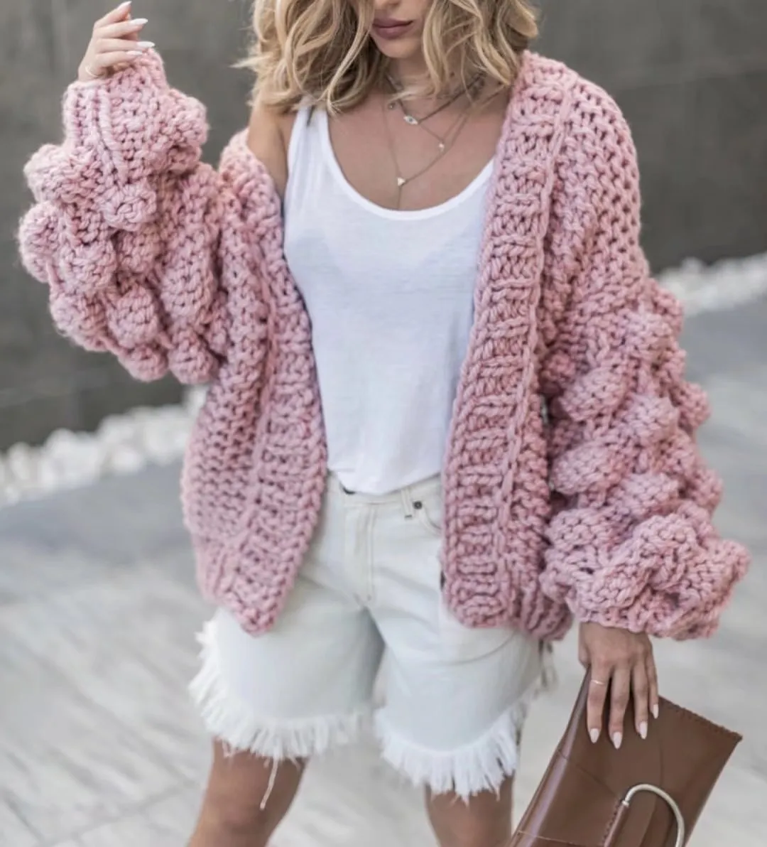 Handmade Knit Ball Sleeve Heavy Gauge Lantern Sleeve Oversized Thick Cardigan