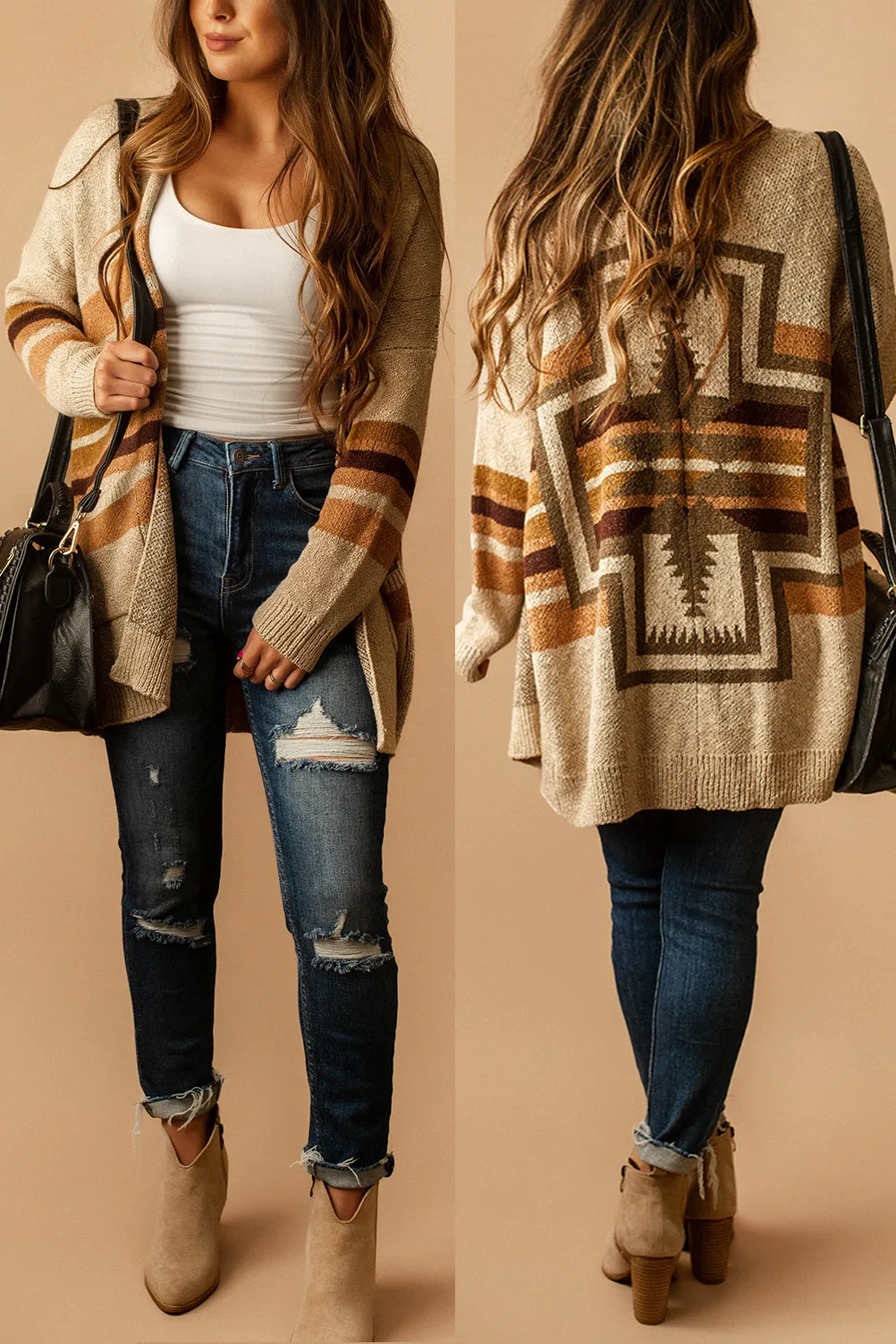 Heading South Striped Aztec Cardigan (Beige)