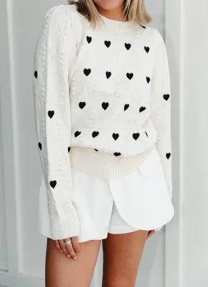 Heart Embroidery Sweater - Ivory/Black