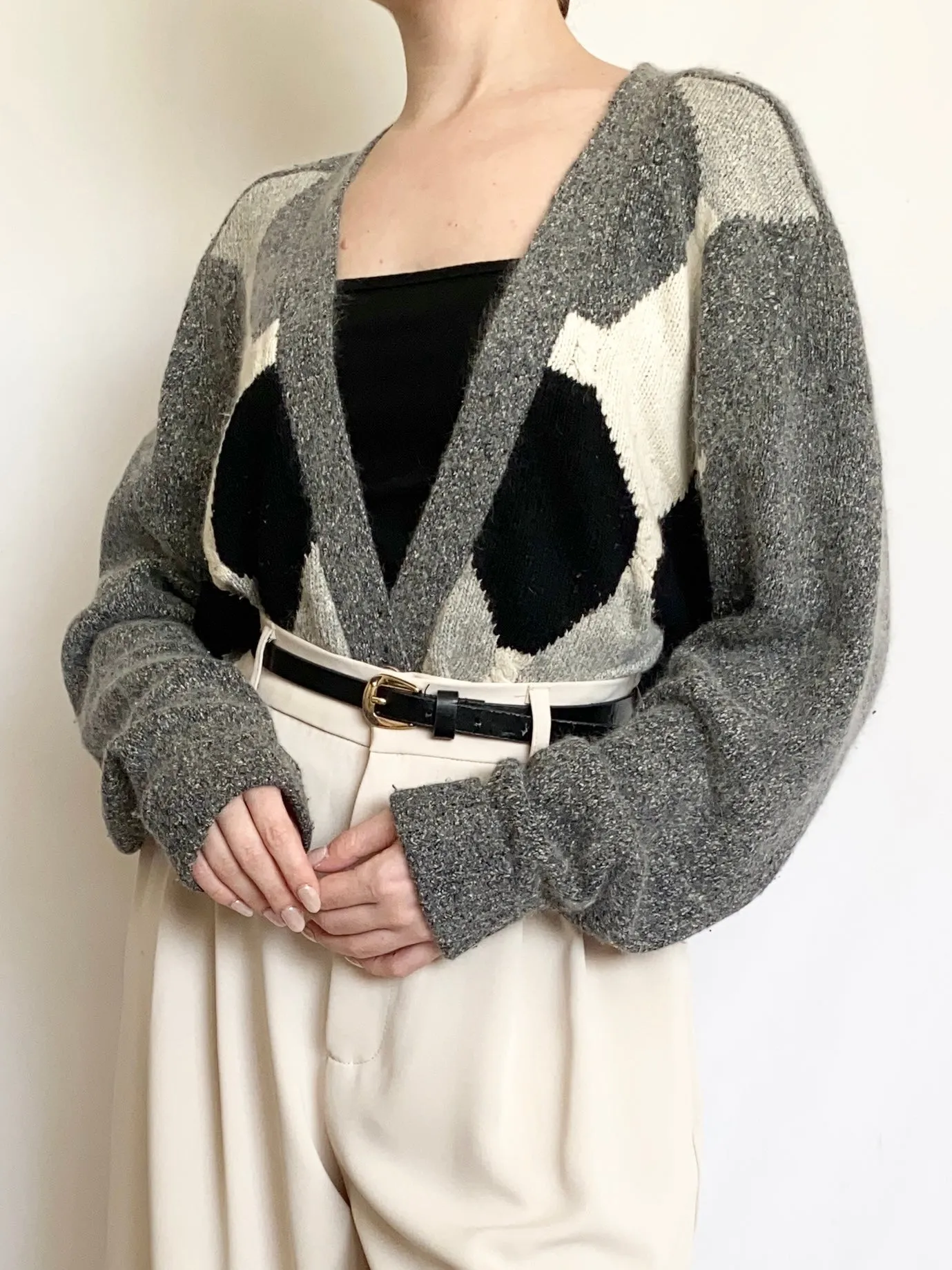 Heather Silk & Angora Blend Argyle 80s Cardigan (L)