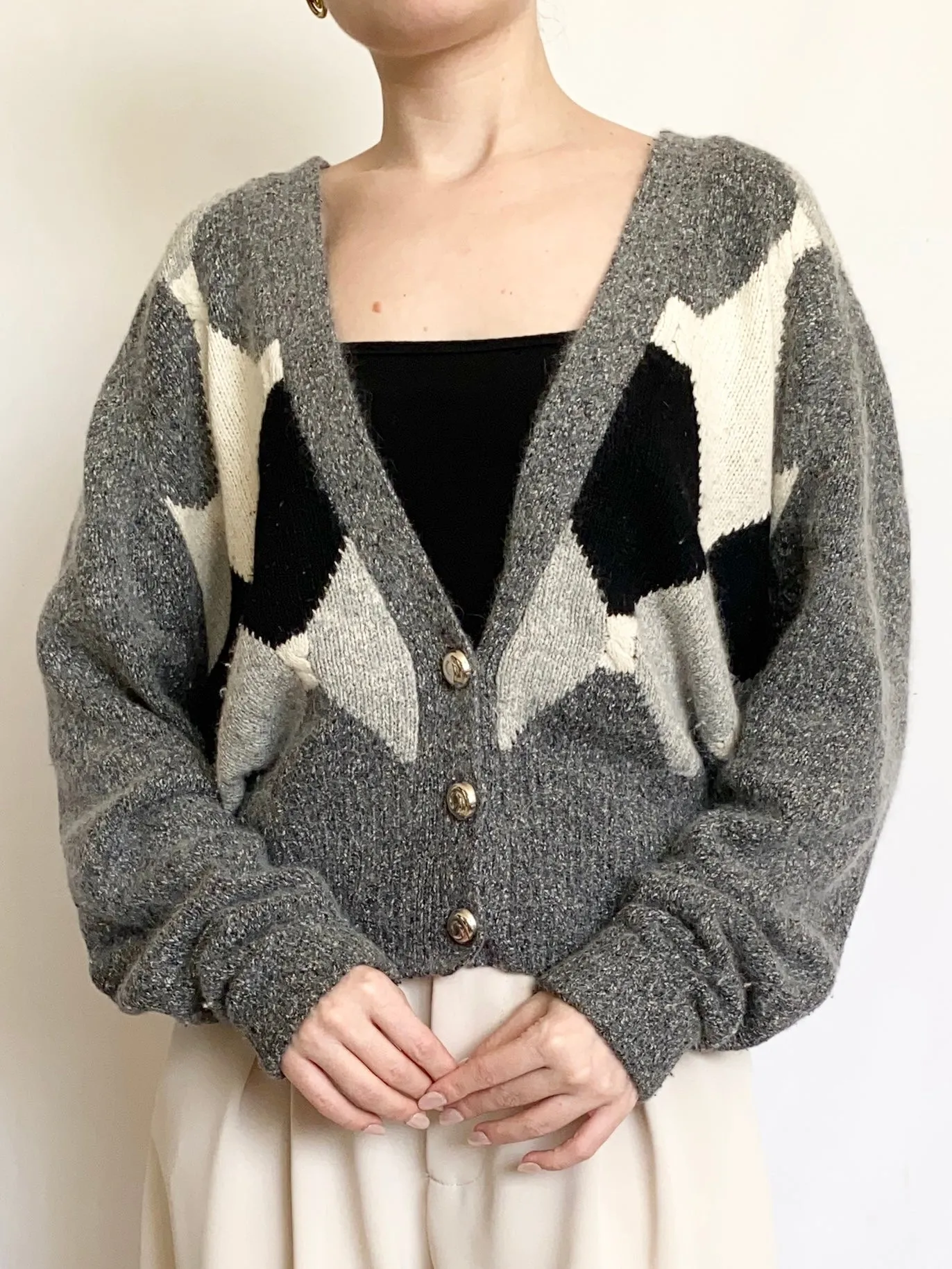 Heather Silk & Angora Blend Argyle 80s Cardigan (L)