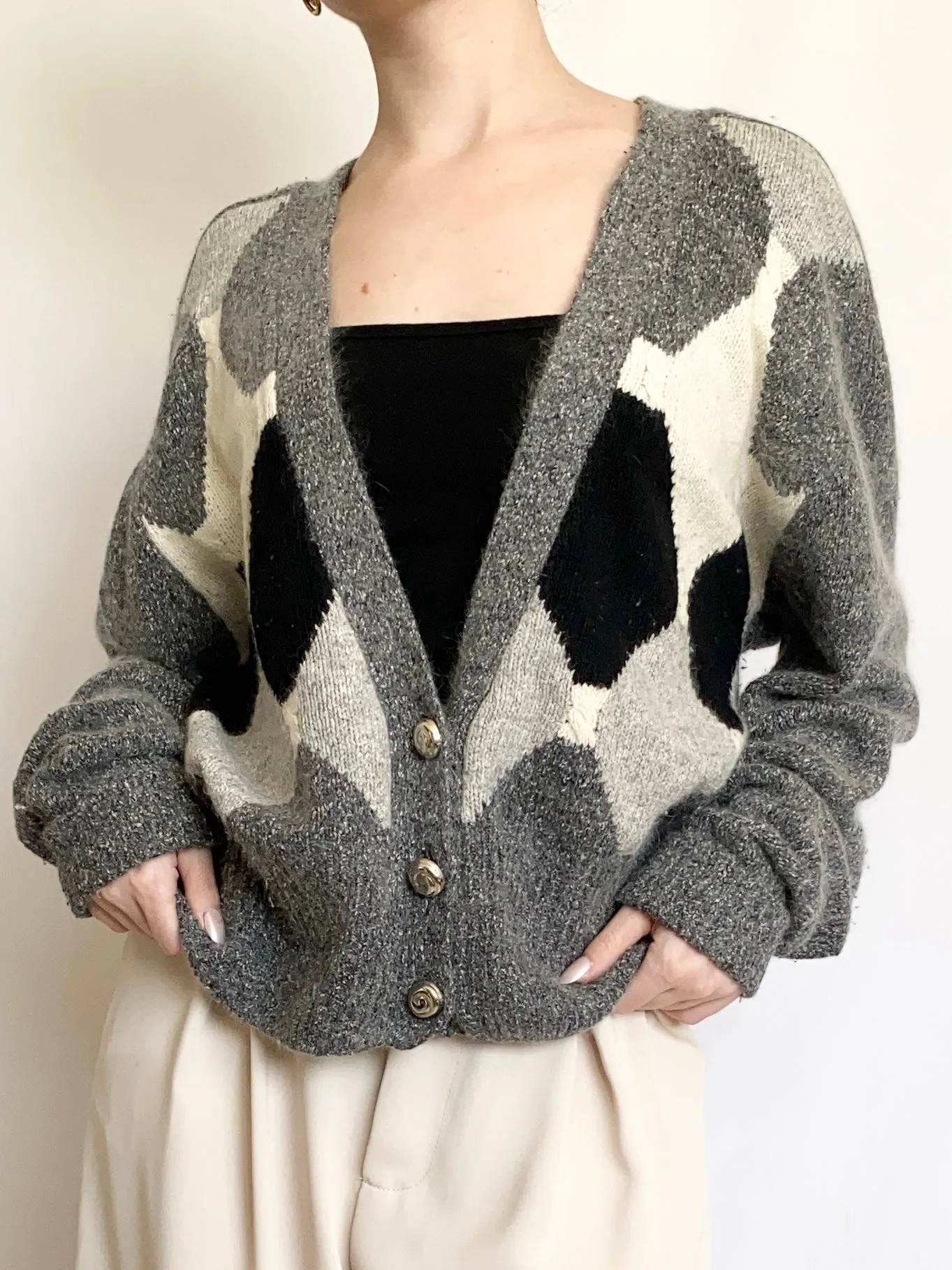 Heather Silk & Angora Blend Argyle 80s Cardigan (L)