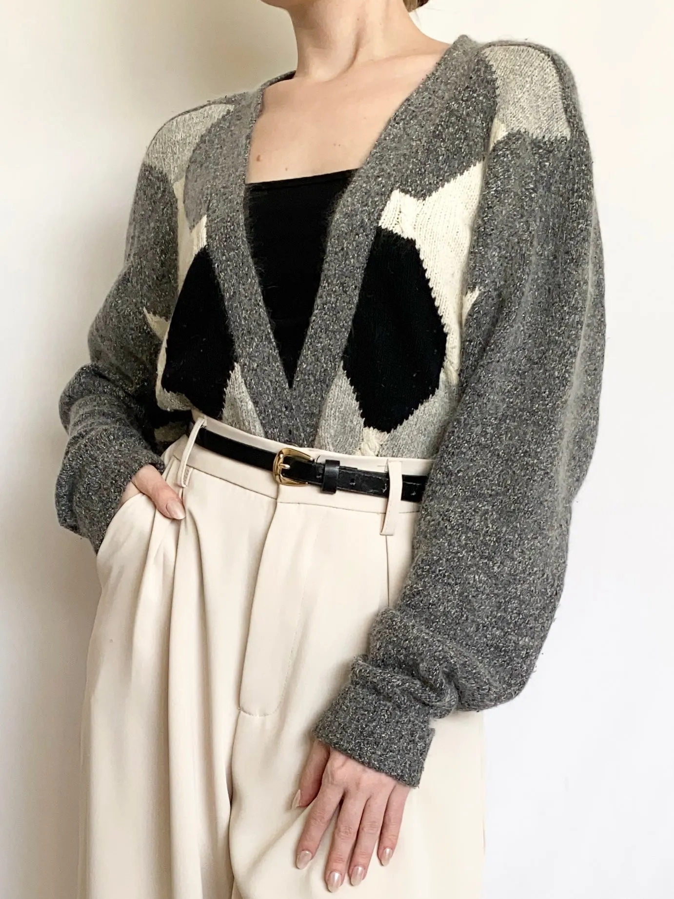 Heather Silk & Angora Blend Argyle 80s Cardigan (L)