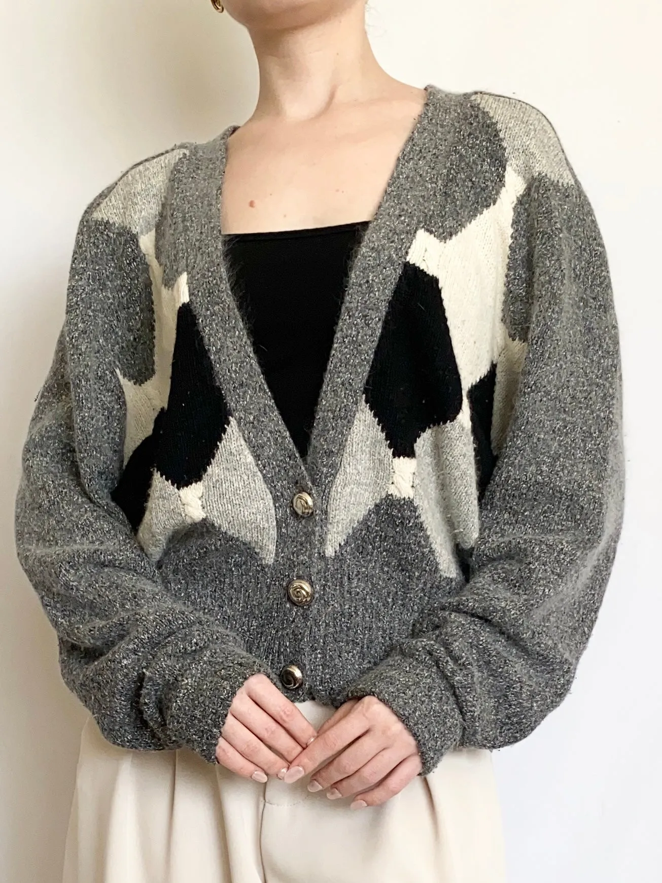 Heather Silk & Angora Blend Argyle 80s Cardigan (L)