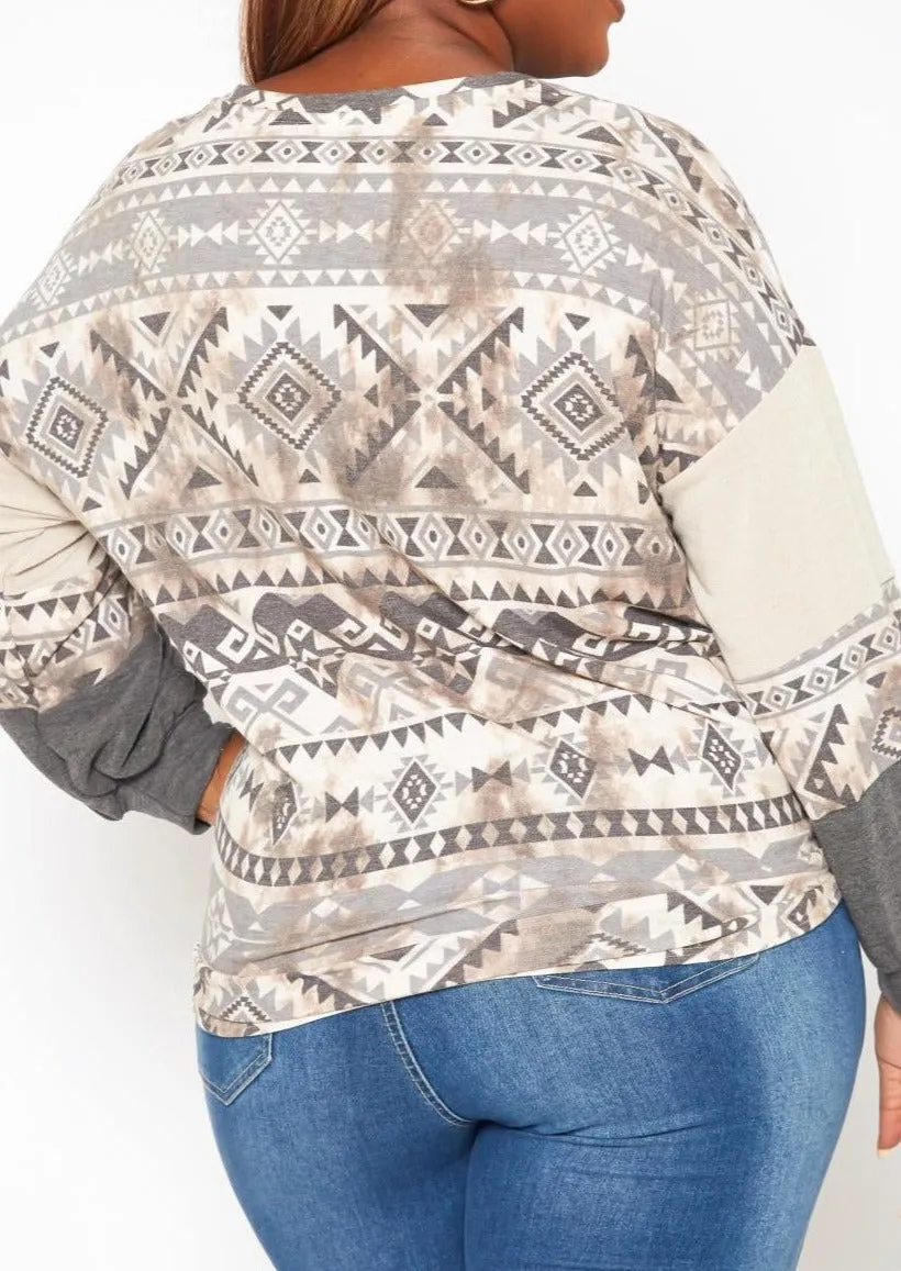 Hi Curvy Plus Size Aztec Print Tie Front Sweater