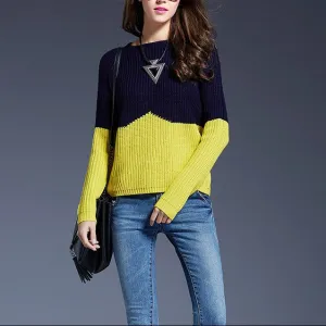 Hit Color Patchwork  Round Neck Sweaters